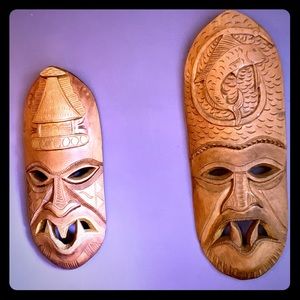 Set/2 Antique Hand-Carved Asian-Inspire Wood Masks